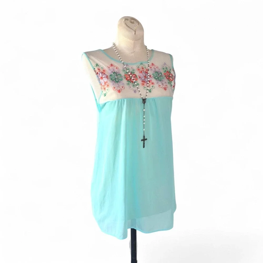 Vintage 60s Mod Babydoll‎ Nightie Pastel Blue Embroidered Floral Mini Slip S - Picture 5 of 6